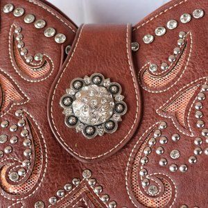 Faux Leather Cross Rhinestones Shoulder Bag Purse Cross Brown Red Western